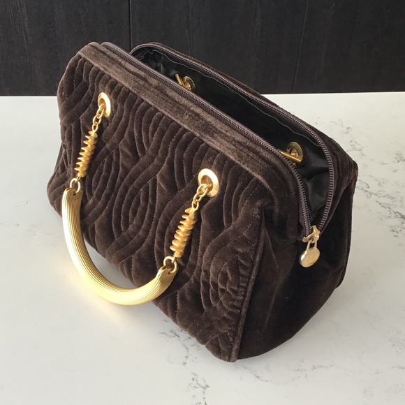 FENDI rare vintage handbag brown quilted velvet with gold handles - Picture 7 of 16
